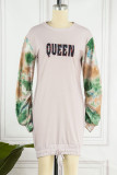 Grey Casual Print Patchwork Draw String O Neck Straight Dresses
