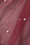 Burgundy Casual Solid Bandage Patchwork Buckle Beading Turndown Collar Straight Plus Size Dresses