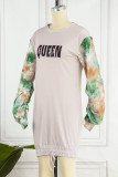 Grey Casual Print Patchwork Draw String O Neck Straight Dresses