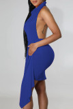 Colorful Blue Sexy Solid Patchwork Backless Asymmetrical Halter Irregular Dress Dresses