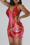 Red Sexy Patchwork Bandage Sequins Backless Halter Sleeveless Dress Dresses