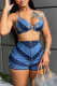Blue Sexy Patchwork Bandage Hollowed Out Backless Contrast Halter Sleeveless Two Pieces