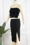 Pink Sexy Solid Patchwork Feathers Slit Strapless Sleeveless Two Pieces