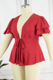Burgundy Casual Solid Bandage Patchwork V Neck Plus Size Tops