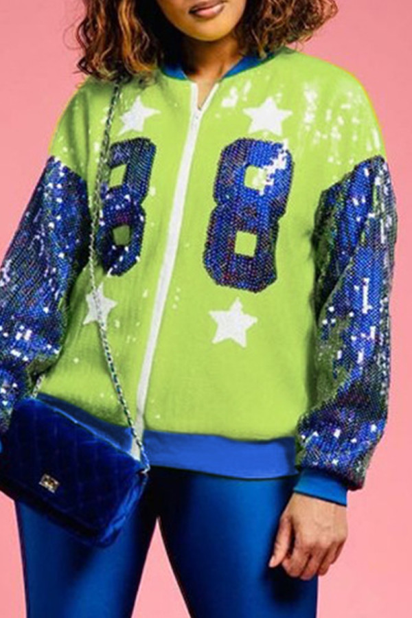 Blue Casual Patchwork Sequins Zipper Collar Outerwear