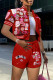 Red Casual Street Print Patchwork Buckle Short Sleeve Two Pieces