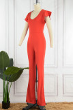 Red Sexy Solid Patchwork U Neck Loose Jumpsuits