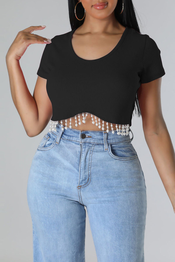 Black Casual Solid Tassel Patchwork Pearl O Neck T-Shirts
