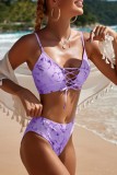 Red Sexy Print Tie Dye Frenulum Backless Swimwears (With Paddings)