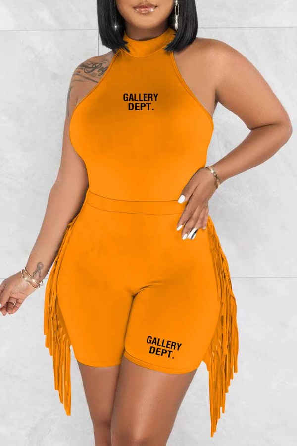 Orange Street Print Tassel Letter O Neck Sleeveless Two Pieces