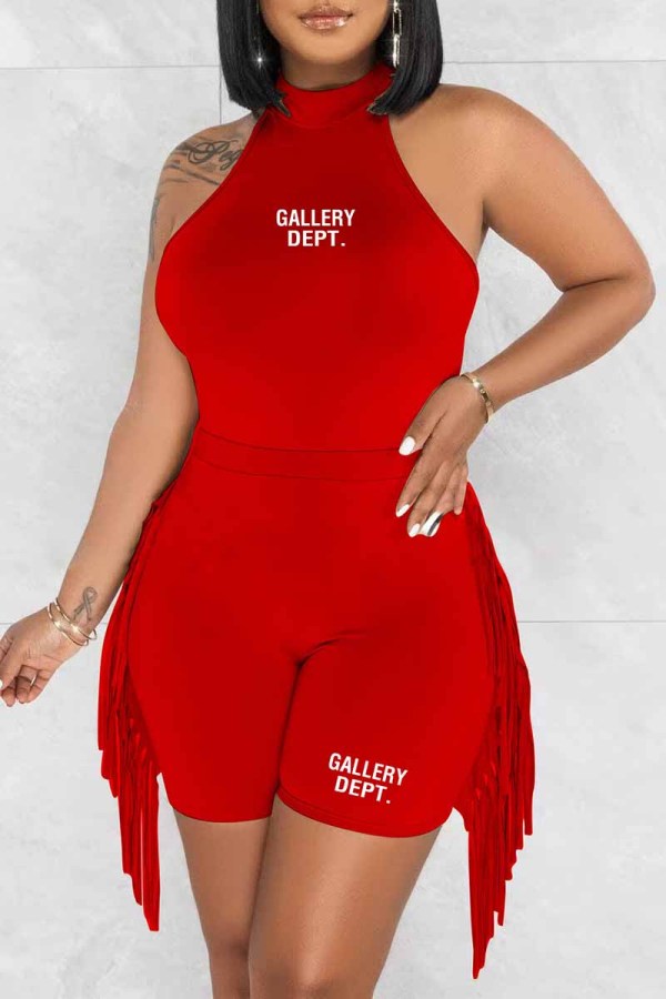 Red Street Print Tassel Letter O Neck Sleeveless Two Pieces