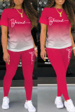 Red Casual Letter Print Basic O Neck Short Sleeve Two Pieces