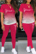 Rose Red Casual Letter Print Basic O Neck Short Sleeve Two Pieces