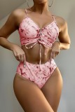 Red Sexy Print Tie Dye Frenulum Backless Swimwears (With Paddings)