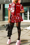 Red Casual Street Print Patchwork Buckle Fold Short Sleeve Two Pieces