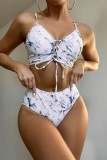 Red Sexy Print Tie Dye Frenulum Backless Swimwears (With Paddings)