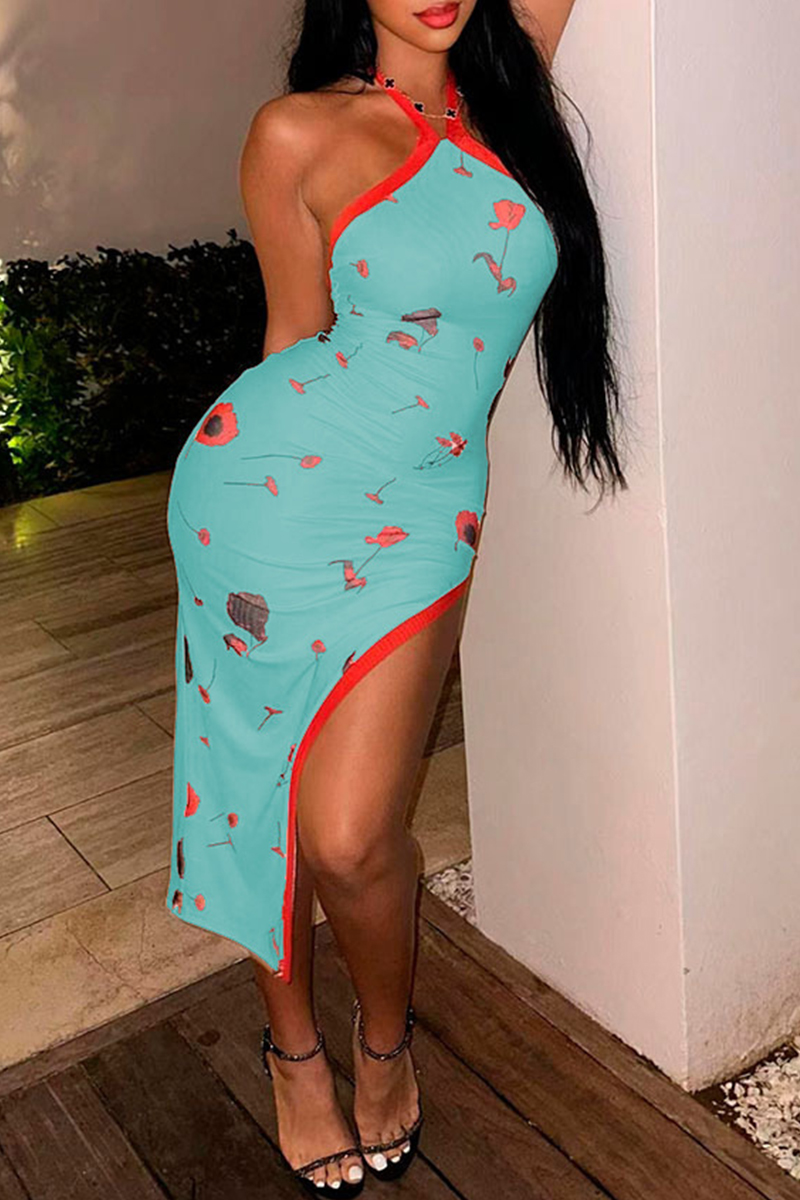 Sexy Simplicity Geometric Print Bandage Backless Halter Sleeveless Dress Dresses
