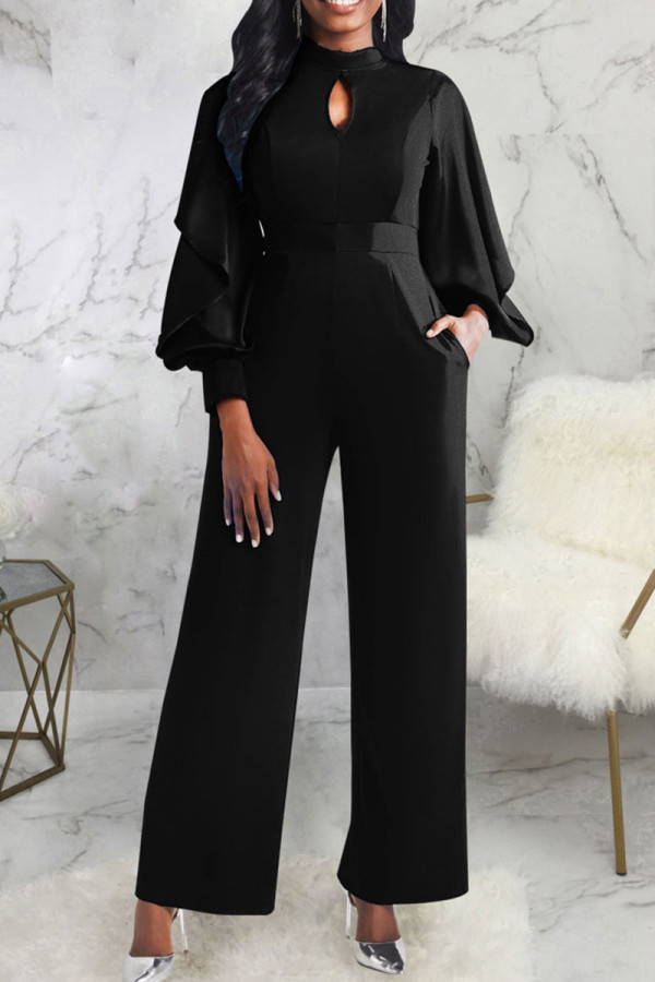 Black Casual Solid Patchwork O Neck Straight Jumpsuits