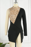 Deep Red Sexy Solid Sequins Patchwork Slit O Neck One Step Skirt Dresses