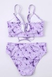 Red Sexy Print Tie Dye Frenulum Backless Swimwears (With Paddings)