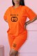 Orange Casual Print Letter O Neck Short Sleeve Two Pieces