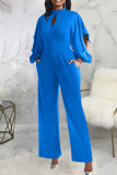 Royal Blue Casual Solid Patchwork O Neck Straight Jumpsuits