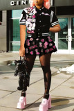 Red Casual Street Print Patchwork Buckle Fold Short Sleeve Two Pieces