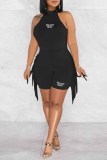 Red Street Print Tassel Letter O Neck Sleeveless Two Pieces