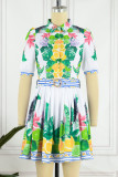 Green Casual Elegant Print Patchwork Buckle Fold With Belt Turndown Collar A Line Dresses
