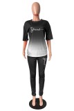 Red Casual Letter Print Basic O Neck Short Sleeve Two Pieces