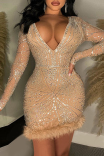 Apricot Sexy Solid Patchwork See-through Feathers Hot Drill V Neck Pencil Skirt Dresses