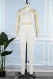 Orange Casual Sportswear Solid Hollowed Out Patchwork O Neck Sleeveless Two Pieces