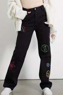 Black Casual Embroidery Patchwork High Waist Regular Denim Jeans