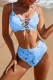 Blue Sexy Print Tie Dye Frenulum Backless Swimwears (With Paddings)