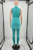 Black Casual Letter Print Cardigan Pants Turn-back Collar Sleeveless Two Pieces (Without T-shirt)