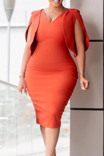 Tangerine Red Elegant Solid Patchwork V Neck One Step Skirt Dresses