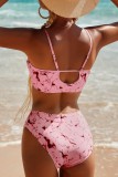 Red Sexy Print Tie Dye Frenulum Backless Swimwears (With Paddings)
