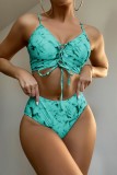Red Sexy Print Tie Dye Frenulum Backless Swimwears (With Paddings)