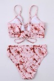 Red Sexy Print Tie Dye Frenulum Backless Swimwears (With Paddings)