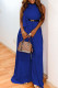 Blue Casual Solid Patchwork Fold Ribbon Collar Straight Jumpsuits