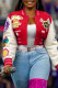 Red Casual Street Print Patchwork Buckle Mandarin Collar Outerwear