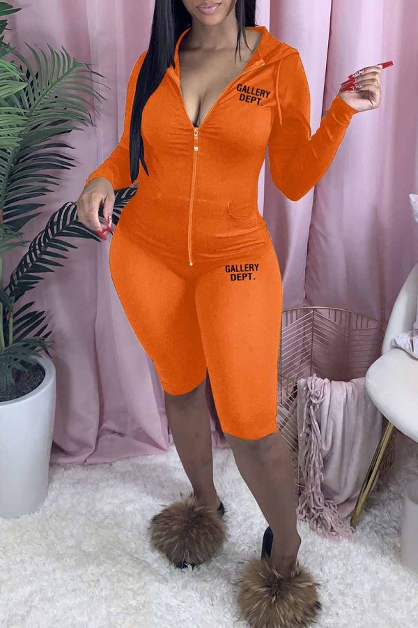 Orange Casual Print Letter Hooded Collar Long Sleeve Two Pieces