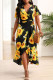 Black Yellow Casual Sweet Print Patchwork Asymmetrical V Neck Straight Dresses