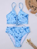 Red Sexy Print Tie Dye Frenulum Backless Swimwears (With Paddings)