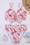 Red Sexy Print Tie Dye Frenulum Backless Swimwears (With Paddings)
