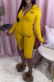 Yellow Casual Print Letter Hooded Collar Long Sleeve Two Pieces