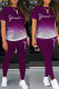 Purple Casual Letter Print Basic O Neck Short Sleeve Two Pieces