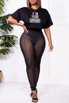 Black Sexy Casual Letter Print See-through O Neck Short Sleeve Two Pieces