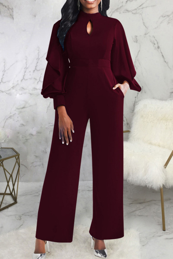 Burgundy Casual Solid Patchwork O Neck Straight Jumpsuits