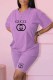 Purple Casual Print Letter O Neck Short Sleeve Two Pieces